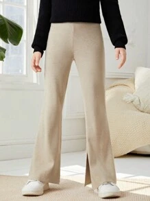SHEIN Tween Girl Split Hem Flare Leg Sweater Pants - Apricot - View 4