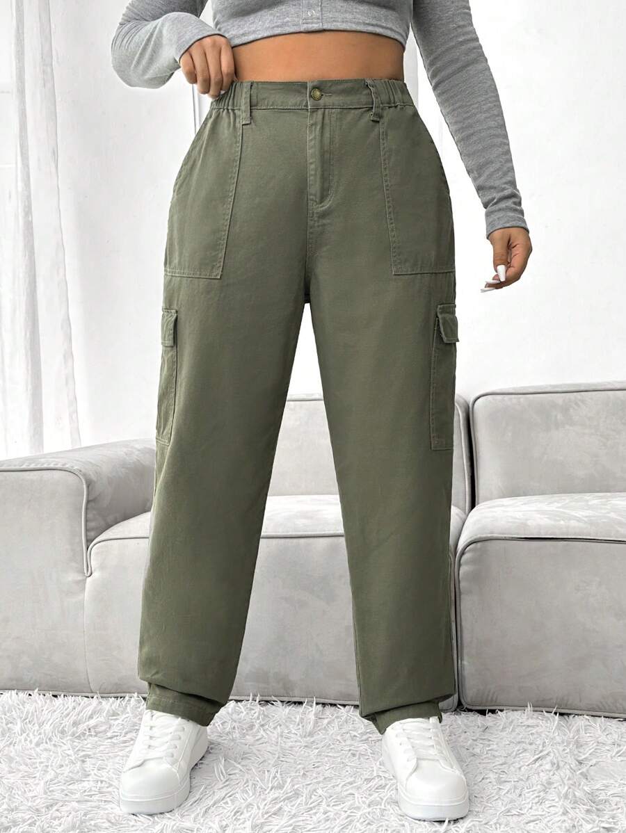 SHEIN EZwear Hơn Túi nắp bên cạnh Quần jean chở hàng - xanh quân đội - Xem 1