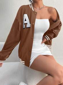 SHEIN EZwear Letter Patched Striped Trim Drop Shoulder Varsity Jacket - Mocha Brown - View 5