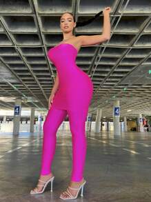 SHEIN SXY 2pcs Strapless Top & Slim Fit Leggings Set  Women Co-Ords Birthday Outfit Spring Women Clothes Prom Dress Valentine Day Dress Date Night Dress Bachelorette Party Sexy Outfits Club - Hot Pink - View 5