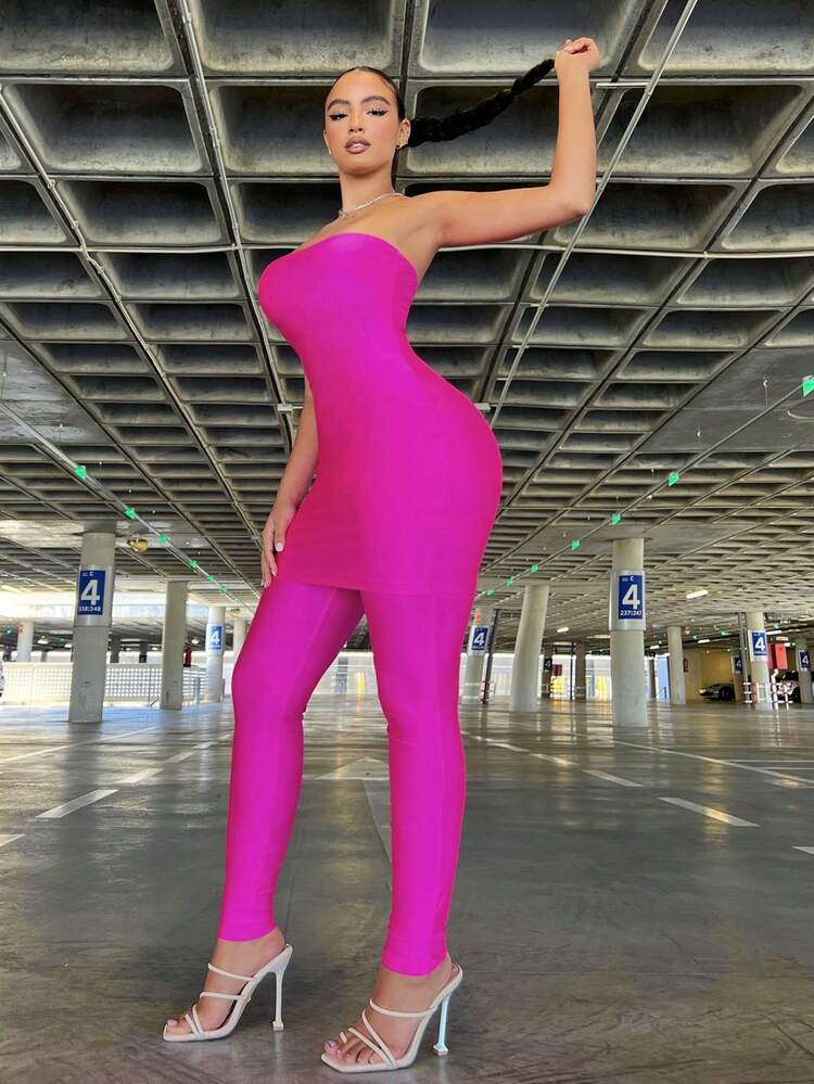 2pcs Strapless Top & Slim Fit Leggings Set  Women Co-Ords Birthday Outfit Spring Women Clothes Prom Dress Valentine Day Dress Date Night Dress Bachelorette Party Sexy Outfits Club