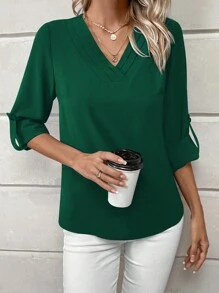 EMERY ROSE Solid Roll Up Sleeve V Neck Blouse - Dark Green - View 6