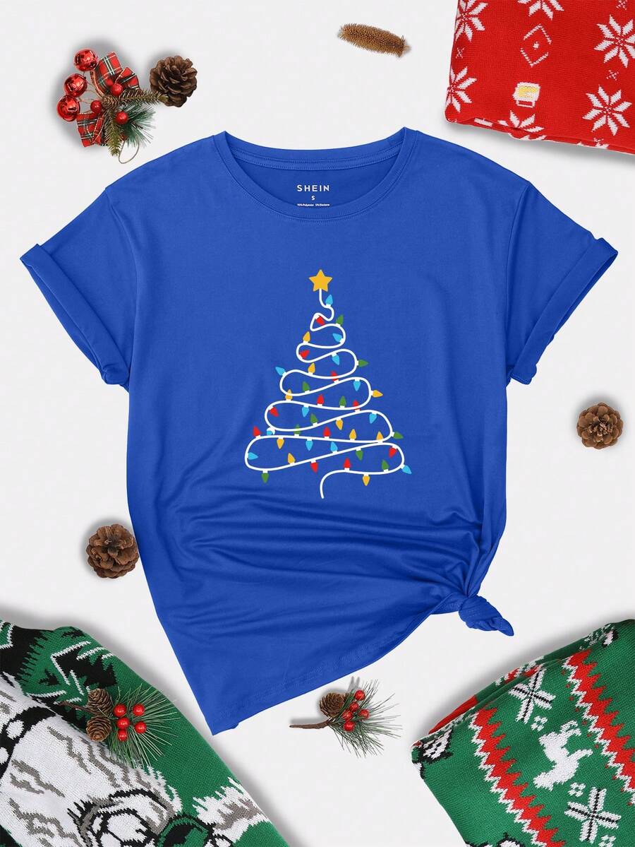 SHEIN EZwear Cây thông Noel Áo thun - Màu xanh lam - Xem 1