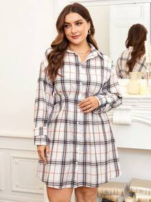 SHEIN Franclia Plus Plaid Print Button Front Shirt Dress - Multicolor - View 5