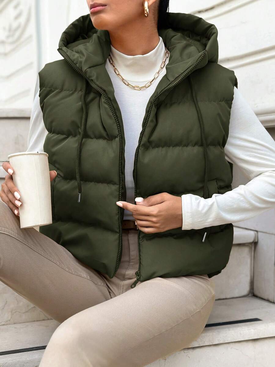 SHEIN Cottnline Zip Up Drawstring Hooded Puffer Vest Coat - Green - View 1
