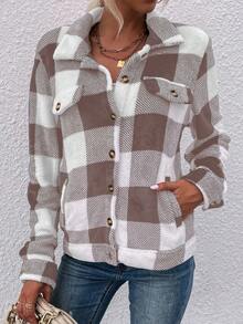 SHEIN LUNE Họa tiết kẻ sọc trâu Thả vai Flannel Áo khoác - Màu Khaki - Xem 4