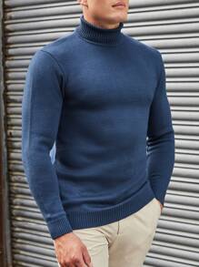 EURMUSE Hombres Jersey unicolor cuello alto - Azul - Ver 4