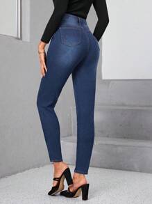 SHEIN LUNE Jeans ajustados de talle alto - Azul lavado medio - Ver 2