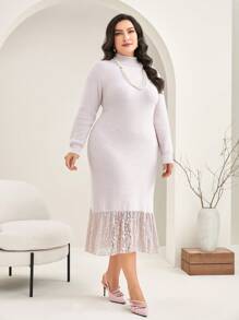 Modelyn Plus Turtleneck Lace Hem Sweater Dress - Dusty Pink - View 1