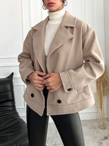 EURMUSE Lapel Neck Double Breasted Overcoat - Beige - View 3