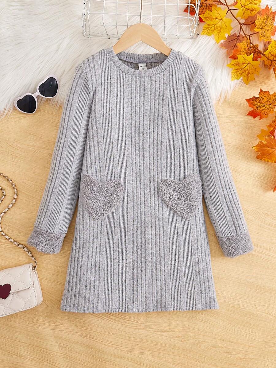 SHEIN Tween Girl Heart Patched Ribbed Knit Dress - Grey - View 1