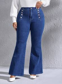 Mulvari 大碼紐扣細節牛仔喇叭褲 - 中等水洗藍 - 查看 1