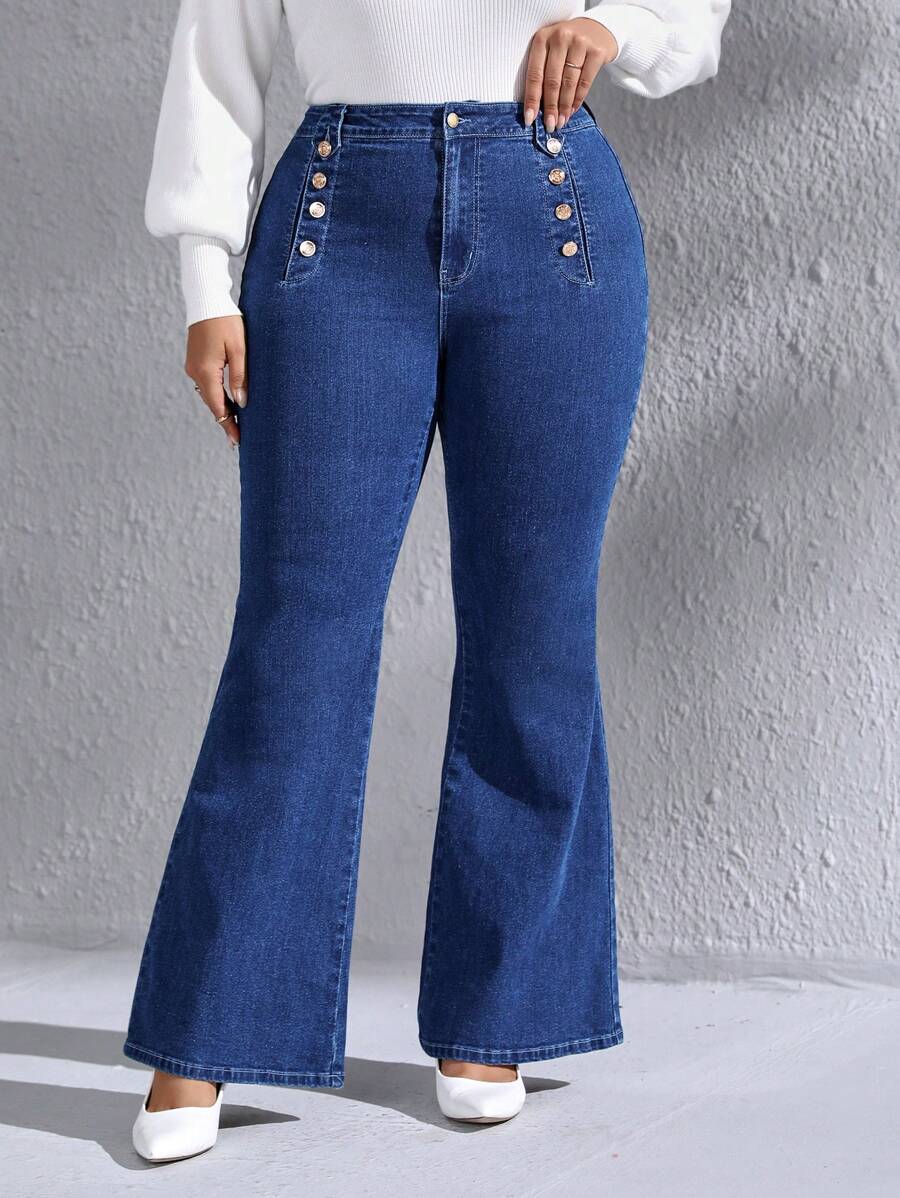 Mulvari 大碼紐扣細節牛仔喇叭褲 - 中等水洗藍 - 查看 1