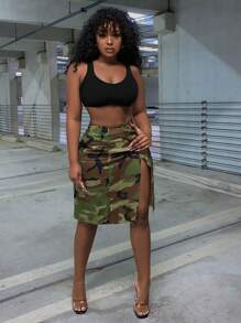 Slaydiva 迷彩印花高衩半身裙 - 軍綠色 - 查看 3