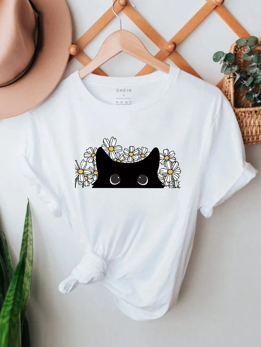 SHEIN EZwear 花卉圖案&卡通貓貓圖案T恤 - 白色 - 查看 1