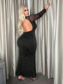 SHEIN X GiudiceGirls Plus Contrast Mesh Mermaid Hem Glitter Dress - Black - View 1