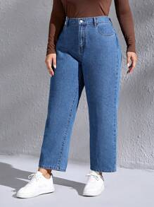 SHEIN LUNE 大碼高腰直筒牛仔褲 - 中等水洗藍 - 查看 4