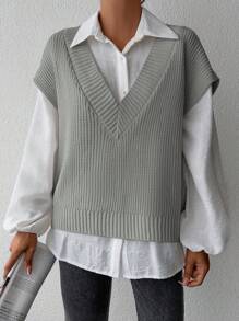 EURMUSE Chất rắn Cổ chữ V Áo len vest Không có áo sơ mi - Xám - Xem 4