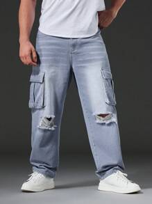 Manfinity Hombres talla grande Jeans cargo desgarro con bolsillo lateral con solapa - Gris - Ver 3