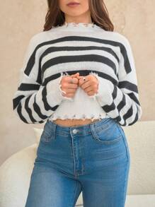 SHEIN Essnce 條紋圖案落肩袖破洞毛衣