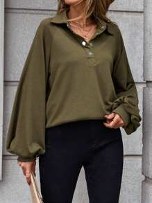 SHEIN LUNE Half Button Raglan Sleeve Sweatshirt - Army Green - View 6