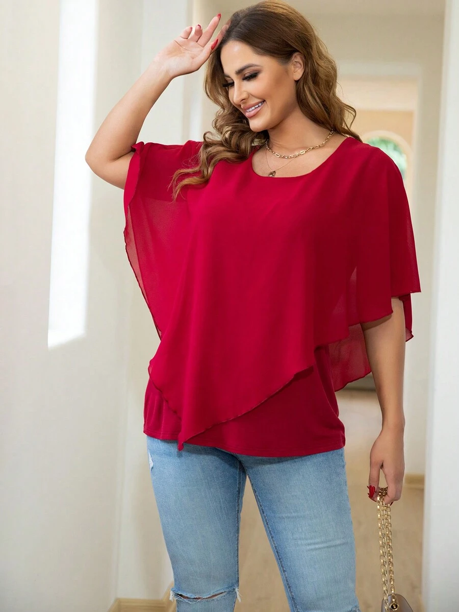 AAmilife Plus Solid Batwing Sleeve Blouse Summer - Burgundy - View 1