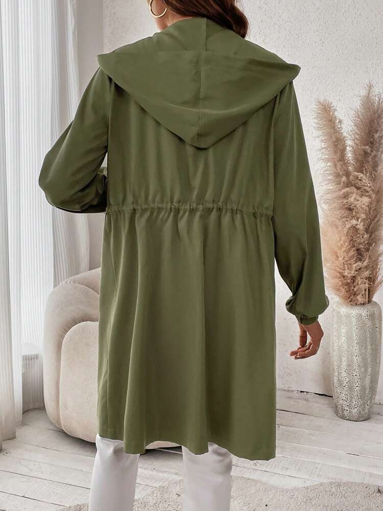 Drawstring Waist Zip Up Hooded Trench Coat Fall Cloth For Women