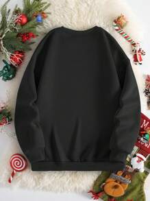 SHEIN EZwear 圣诞印花保暖套头卫衣，秋季卫衣 - 黑色 - 查看 2