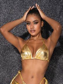Swim EVENT Summer Beach Metallic Triangle Bikini Top - Gold - View 3