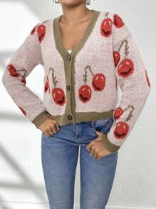 SHEIN Essnce 草莓圖案拼接邊前紐扣開襟衫 - 淺粉色 - 查看 3