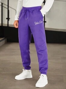 Manfinity RebelGame 男士字母圖案腰部抽繩衛褲 - 紫色 - 查看 1