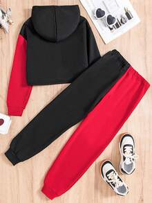 SHEIN 女大童雙色字母圖案連帽衫和運動褲 - 彩色 - 查看 2