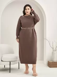 Mulvari Plus Asymmetrical Neck Button Detail Sweater Dress Without Belt Fall Cloth For Women - Coffee Brown - View 6