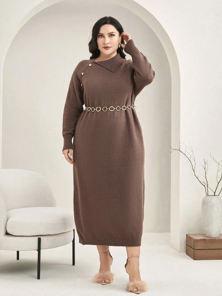 Plus Asymmetrical Neck Button Detail Sweater Dress Without Belt Fall Cloth For Women