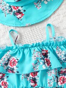 SHEIN Cô Gái Trẻ In hoa Viền Ruffle Đầm & Áo thun & Mũ - Nhiều màu - Xem 3