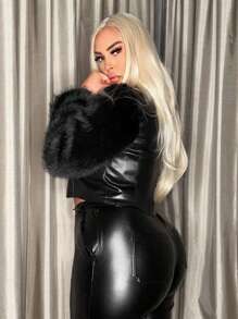 SHEIN SXY Talla grande Cazadora de peluche puño crop PU - Negro - Ver 3