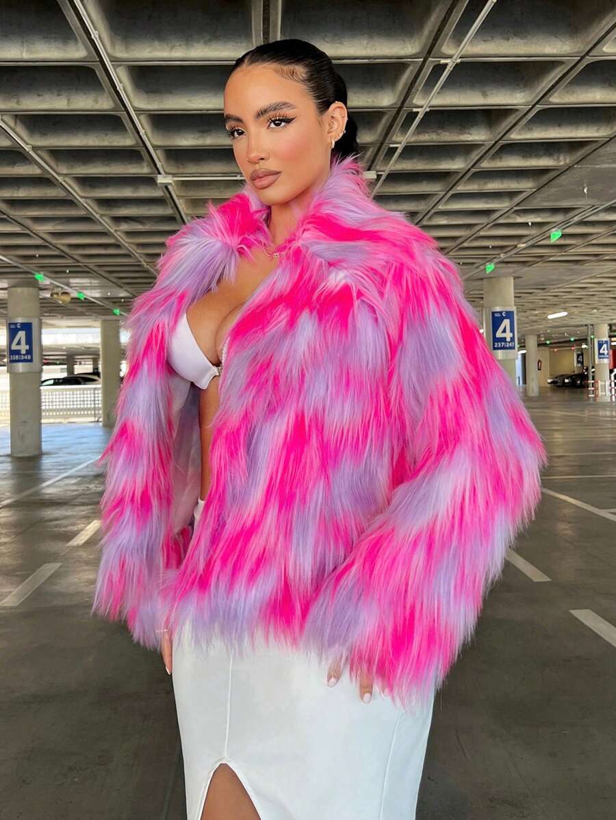 SHEIN SXY 色塊開衩前短毛絨外套,派對穿搭必備 - 玫紅色 - 查看 1
