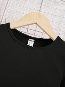 SHEIN 青少女針織純色長袖圓領t恤,飄帶袖口和下擺,非常適合度假 - 黑色 - 查看 4