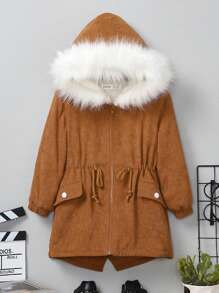 SHEIN Abrigo Térmico Con Capucha Y Ribete Borroso Con Cintura Ajustable Para Niño Joven