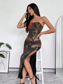 SHEIN Privé Floral Print Split Thigh Tube Bodycon Dress - Multicolor - View 5