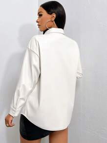Slaydiva Drop Shoulder PU Leather Blouse - White - View 2