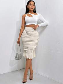 Slaydiva 純色高腰褶皺荷葉邊下擺半身裙 - 米色 - 查看 4