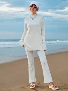 RueChic Mock Neck Drop Shoulder Split Hem Sweater & Knit Pants - Apricot - View 4
