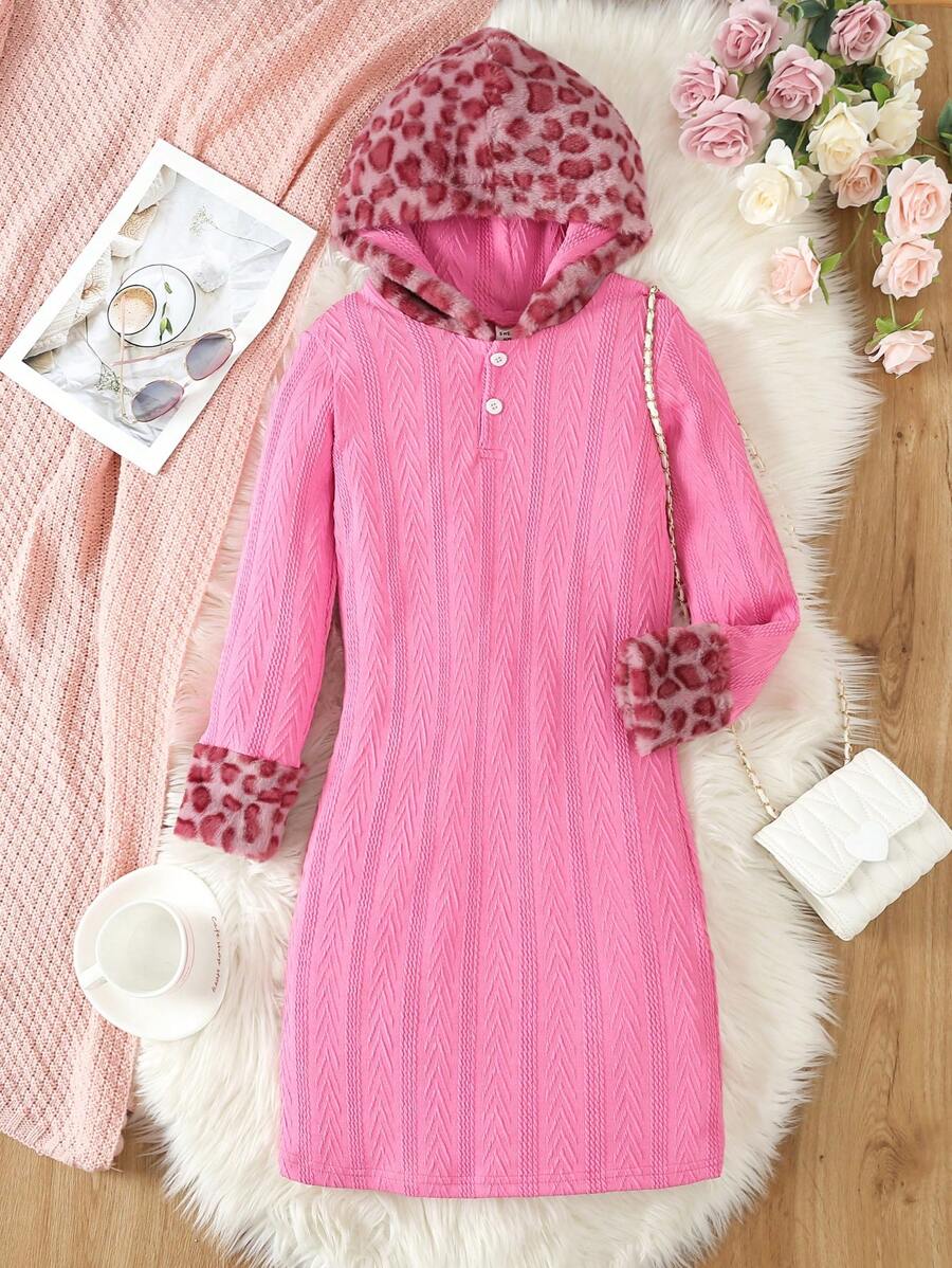 SHEIN Tween Girl Leopard Pattern Fuzzy Trim Hooded Dress