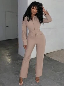 SHEIN Slayr Mono camisero unicolor con botón delantero - Caqui - Ver 3