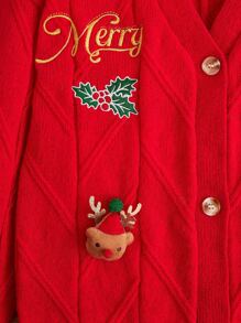 Tween Girl Christmas Tree & Letter Embroidery Drop Shoulder Cable Knit Cardigan - Red - View 4