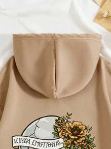 SHEIN Unity 骷髏和花卉印花抽繩加絨內裏連帽衫 - 卡其色 - 查看 4