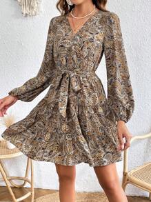 SHEIN VCAY 佩斯利印花燈籠袖荷葉邊繫腰帶洋裝 - 彩色 - 查看 4