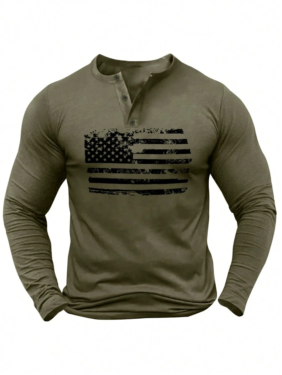 Áo thun POLO tay dài in hình cờ Mỹ Henry thường ngày dành cho nam - xanh quân đội - Xem 1