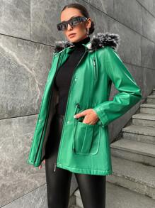 EURMUSE Women's Pu Jacket With Collar And Waist Drawstring Design - Green - View 4
